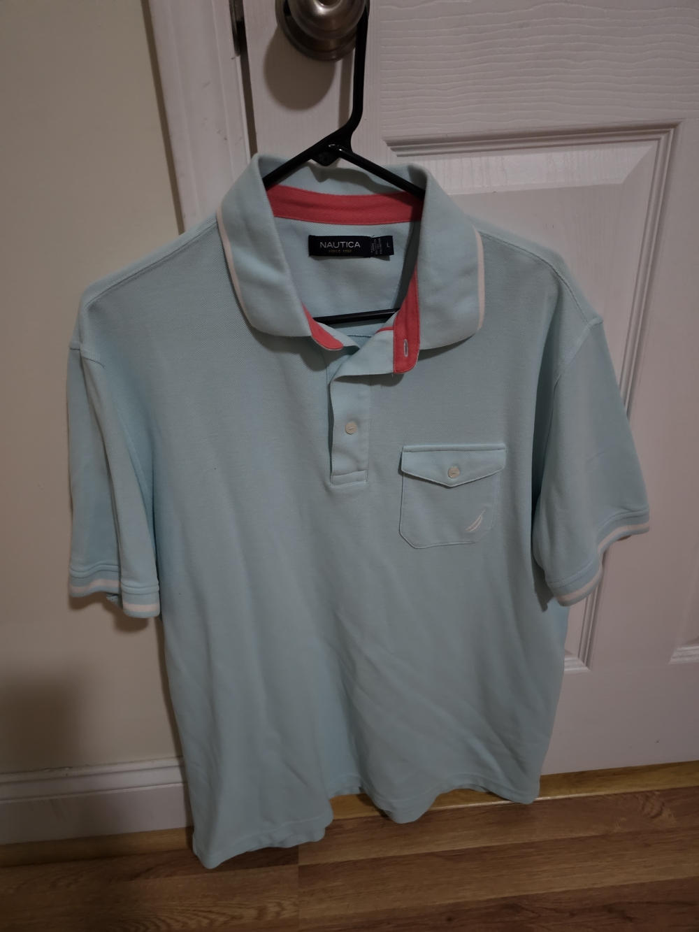 Nautica Men's Light Blue Polo Shirt with Pink Trim